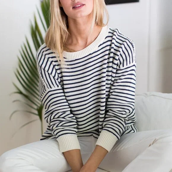 Emerson Fry, Carolyn Sweater - Navy Stripe Organic Cotton, Women's Size Small - Picture 3 of 7